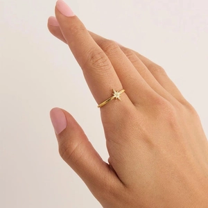 Minimalist S925 sterling silver star ring with gold finish and white zircon stones