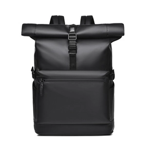 Detailed view of black waterproof roll-top backpack with metal buckle and matte texture