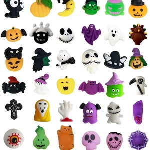 Set of 36 Halloween squishy toys featuring pumpkin ghost and bat shapes on white background