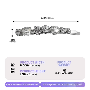 Close-up of silver crystal hair clip with 6.5cm length and sparkling rhinestones