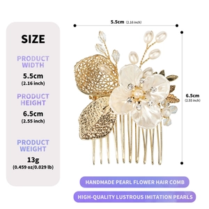 Handmade gold flower hair comb with white pearls and crystals for wedding bridal styling