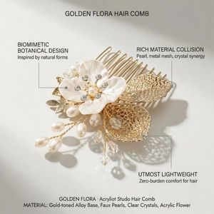 Detailed macro view of a gold hair comb with acrylic flowers, pearls and crystal accents