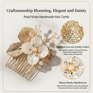 Elegant bridal hair comb with shell flowers, pearls and crystals in gold plating