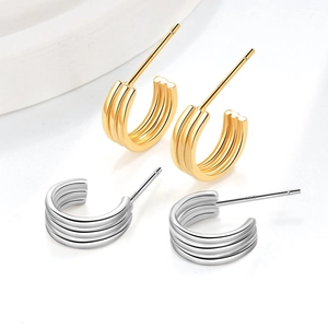Three-line S925 sterling silver geometric C-hoop earrings in gold and silver finish