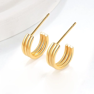 Three-layer geometric C-shaped hoop earrings in S925 sterling silver with gold plating