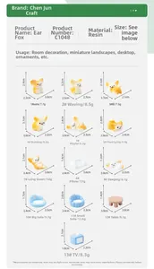 Size chart showing 13 fennec fox resin figurines and miniature furniture dimensions