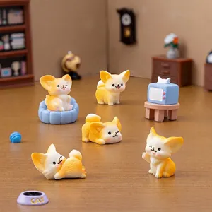 Set of 5 miniature resin fennec fox figurines with tiny dollhouse furniture and accessories