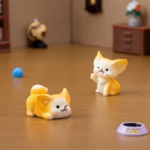 Miniature resin fennec fox figurine set with cat bowl in a cozy micro landscape scene