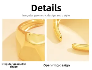 Macro detail of the irregular geometric design and open band on this gold plated ring