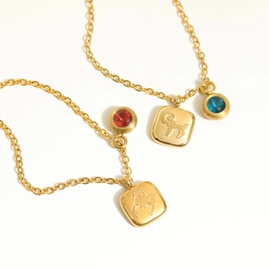 Gold stainless steel 18K necklace with birthstone and zodiac Aries Scorpio pendants