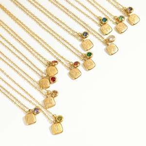 Classic 18K gold plated stainless steel zodiac necklace with colorful birthstone pendant