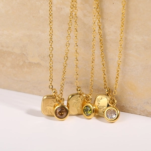 Classic 18K gold plated titanium necklace with zodiac coin and colored birthstone charm
