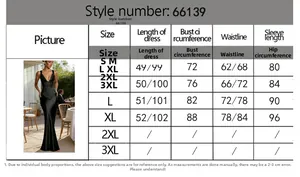 Detailed size chart for the women's sexy satin long dress set with measurements in cm