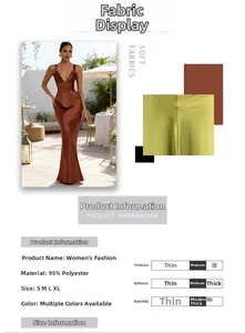 Detail of rust red satin fishtail dress showing v-neck design and premium fabric texture