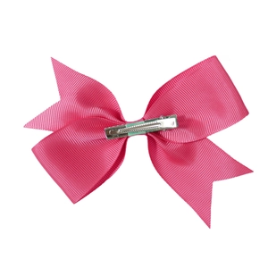 Pink grosgrain ribbon bow hair clip with silver metal alligator clip on white background