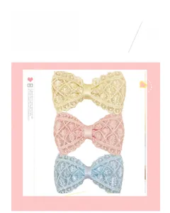 Lot de trois barrettes à nœuds en dentelle pour filles en jaune, rose et bleu clair