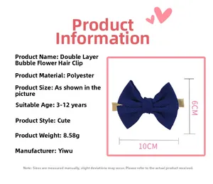 Detailed view of dark blue textured polyester bow headband for girls showing dimensions