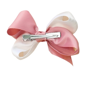 Barrette nœud bicolore rose et blanc en tissu côtelé avec pince crocodile en métal argenté