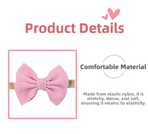 Detail showing soft nylon baby headband with pink waffle texture bow and high elasticity