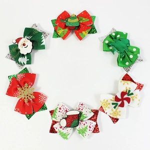 6-piece Christmas glitter bow hair clips set with snowflake and Santa patterns