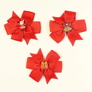Lot de 3 nœuds papillon de Noël en ruban rouge avec breloques Père Noël et cloche