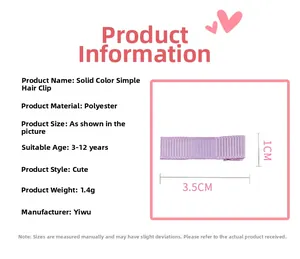 Detailed view of handmade purple grosgrain ribbon hair clip with size and age specifications