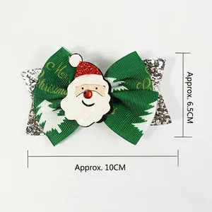 Christmas bow hair clip with silver sequins and green ribbons featuring Santa Claus