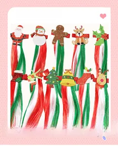 Macro shot of 10-piece Christmas hair clips set with colorful synthetic hair extensions