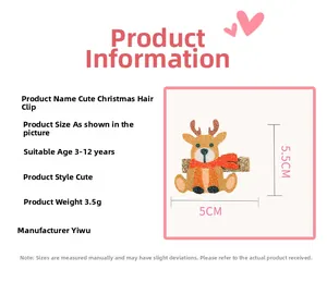 Detailed dimensions of a cute 5cm Christmas reindeer hair clip for kids aged 3-12