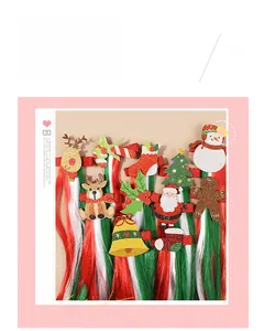 Detail of Christmas wig hair clips featuring Santa, reindeer, and colorful gradient tresses
