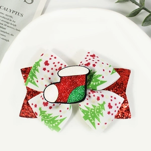 Fiocco per capelli natalizio con paillettes rosse, nastro bianco e calza di Natale 3D