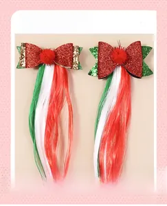 Detailed view of red sequin bow hair clips with tri-color festive synthetic hair extensions