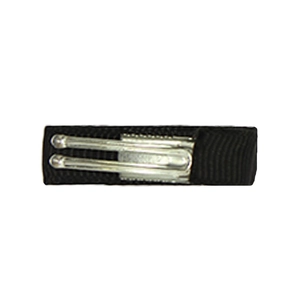 Adjustable black ribbed elastic headband with a silver metal buckle for children