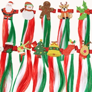 Christmas Hair Clips For Kids Reindeer Santa Claus Snowman Patterns With Red Green White Colored Synthetic Hair Extensions