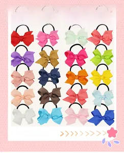 Detailed grid view of 20 assorted colorful ribbed ribbon bow elastic hair ties for kids