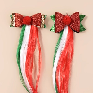 Christmas Glitter Bow Hair Clips For Kids Girls With Long Synthetic Wig Extensions Red Green White Festive Hair Accessories