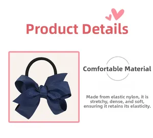 Detail view of high elasticity nylon hair tie with navy blue ribbed grosgrain bow