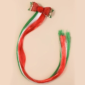 Christmas hair clips with glitter bow and long red white green synthetic hair extensions