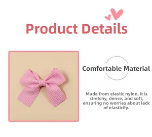 Detailed view of pink waffle texture bow hair accessory made of soft elastic nylon material