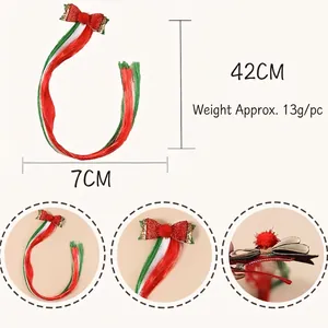 Christmas hair clips with red green white synthetic hair bows and plush pom pom