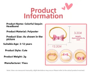 Dimensions détaillées du bandeau à nœud rose pailleté pour filles de 3 à 12 ans