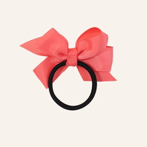 Coral pink ribbed ribbon bow hair tie with high-elastic black rubber band for girls