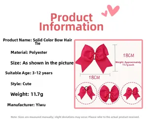 Pink ribbon bow hair tie detail showing dimensions of 18cm and silky polyester fabric