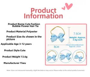 Detailed view of light blue bubble bow headband showing dimensions and high-elastic nylon band