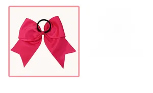 Detail of pink bow hair tie showing double-layer polyester ribbon and durable elastic band