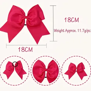 Large rose red grosgrain ribbon bow hair tie with dimensions and detail views