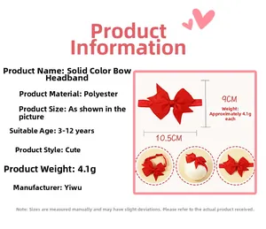 Detail showing red grosgrain bow headband dimensions and elastic band specifications