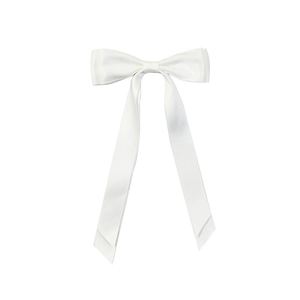 Elegant white satin long ribbon bow hair clip with smooth silk texture for women