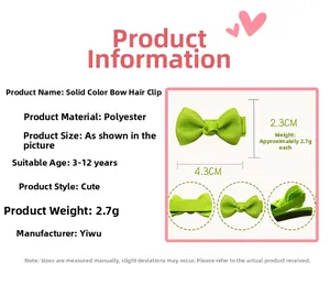 Détails de la barrette nœud en ruban gros-grain vert clair avec dimensions précises