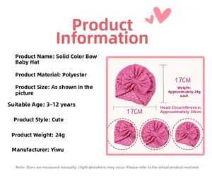 Infographic showing pink lace bow baby hat with polyester material and size specs